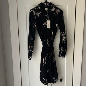 A New Day Black Floral Long-Sleeve Shirt Dress with Tie Waist